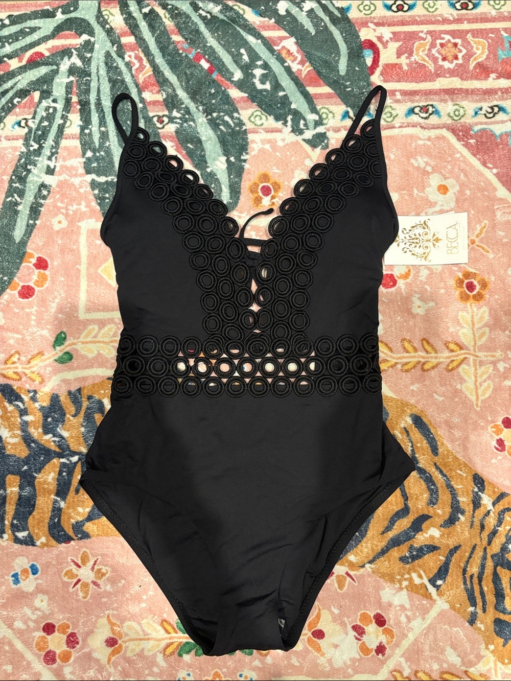 BECCA Black One-Piece Swimsuit with Crochet Ring Trim